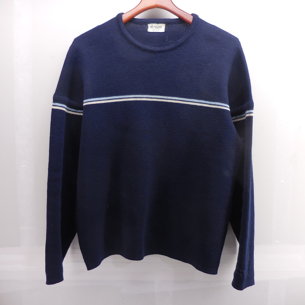 Demetre Mens Large Vintage Navy Blue 100% New Wool Striped Crew Neck Sweater